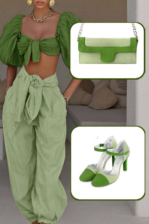 Women's grass green and meadow green elegant closed-back heels, with an instep strap. Round toe. High slim heel - Worn view